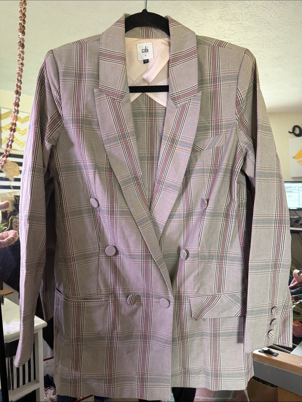 CAbi Plaid Double-Breasted Blazer in Taupe with Pink Accents